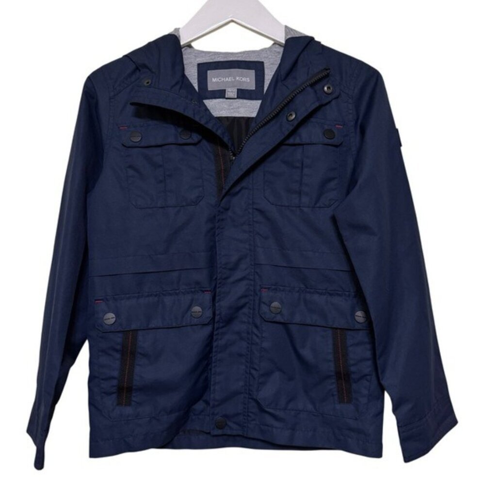 Michael Kors Rain Jacket Blue Red Boy Girl Sz 10-12 Hooded Button Up Full Zip
